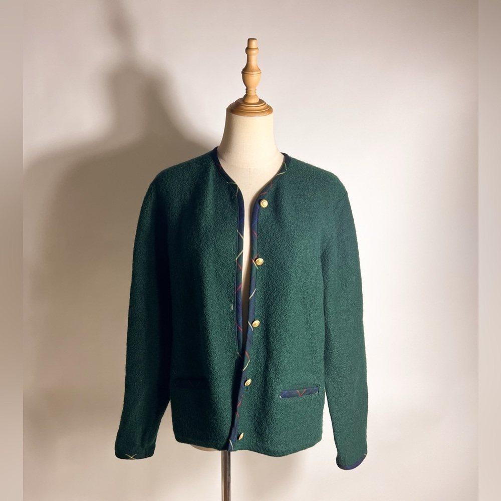 PENDLETON Dark Green Wool Cardigan with Plaid Trim Medium